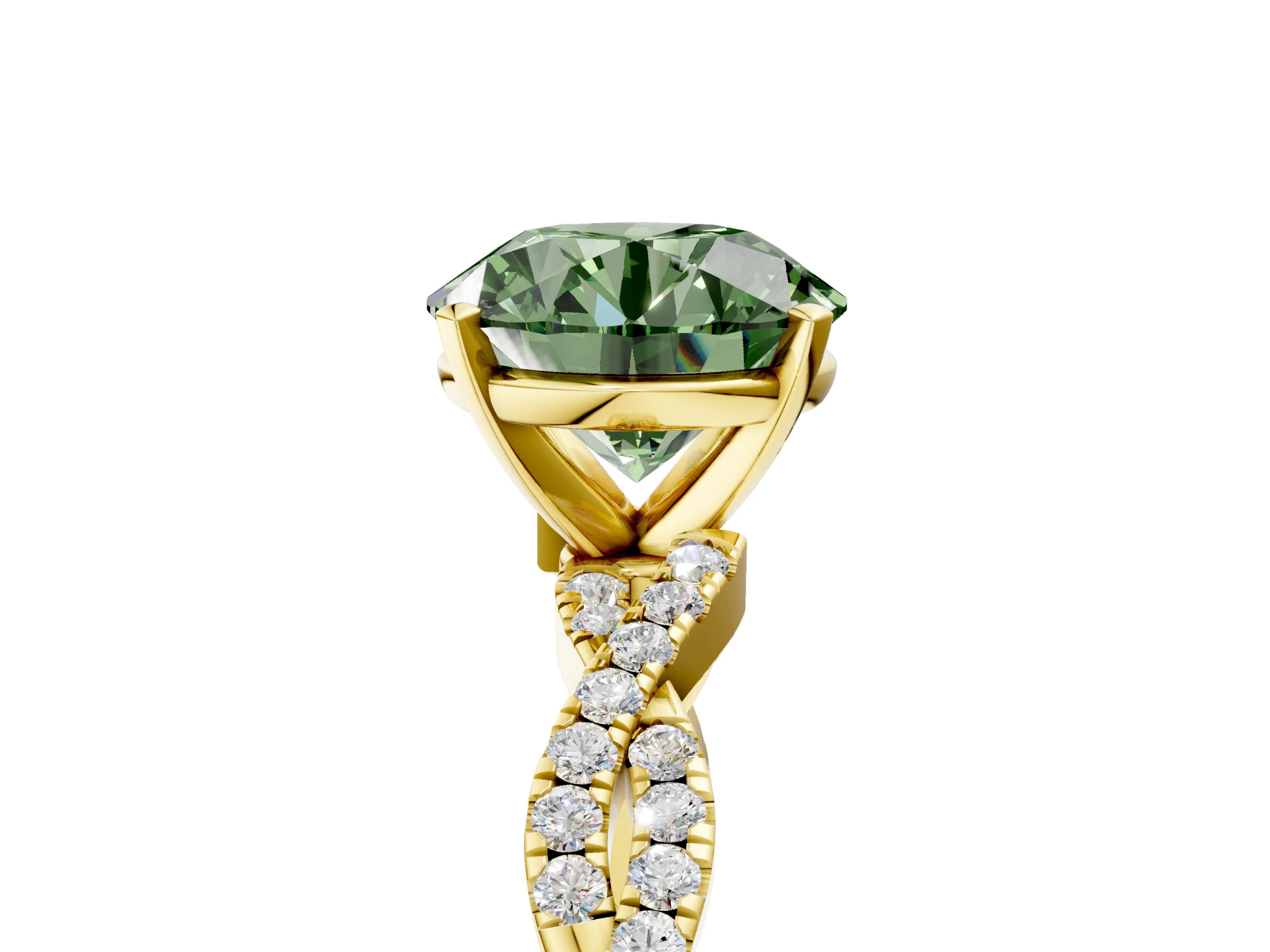 Yellow gold Fancy Green Round Cut Solitaire Twisted Pave Band with Four-Prong Setting_8
