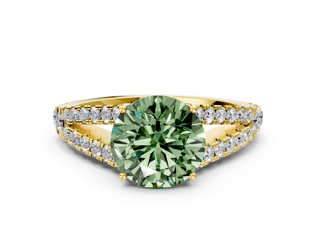 Yellow gold Fancy Green Round  Cut Split Shank Pave Diamond Engagement Ring with Four-Prong Setting_24