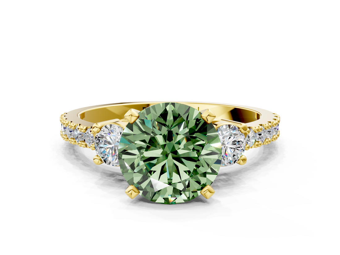 Yellow gold Fancy Green Round  Cut Three-Stone Diamond Pavé Band with Prong Setting_17