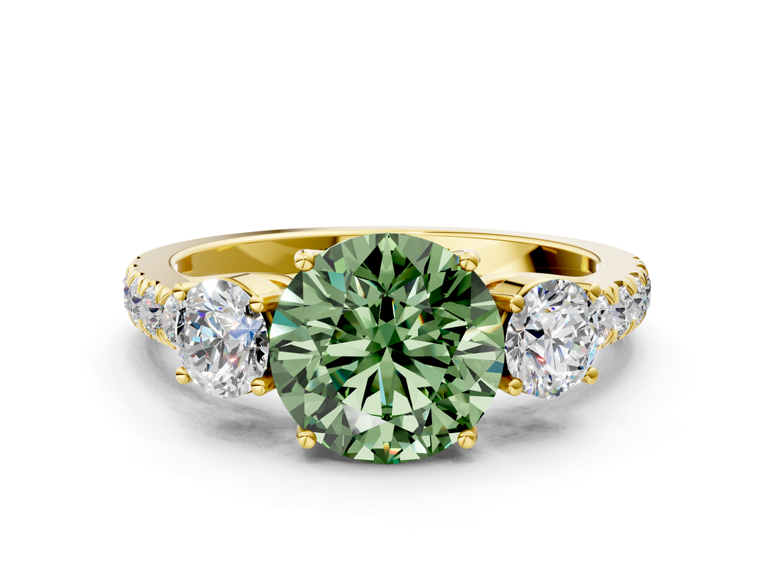 Yellow gold Fancy Green Round  Cut Three-Stone Diamond Pave Band with Prong Setting_38