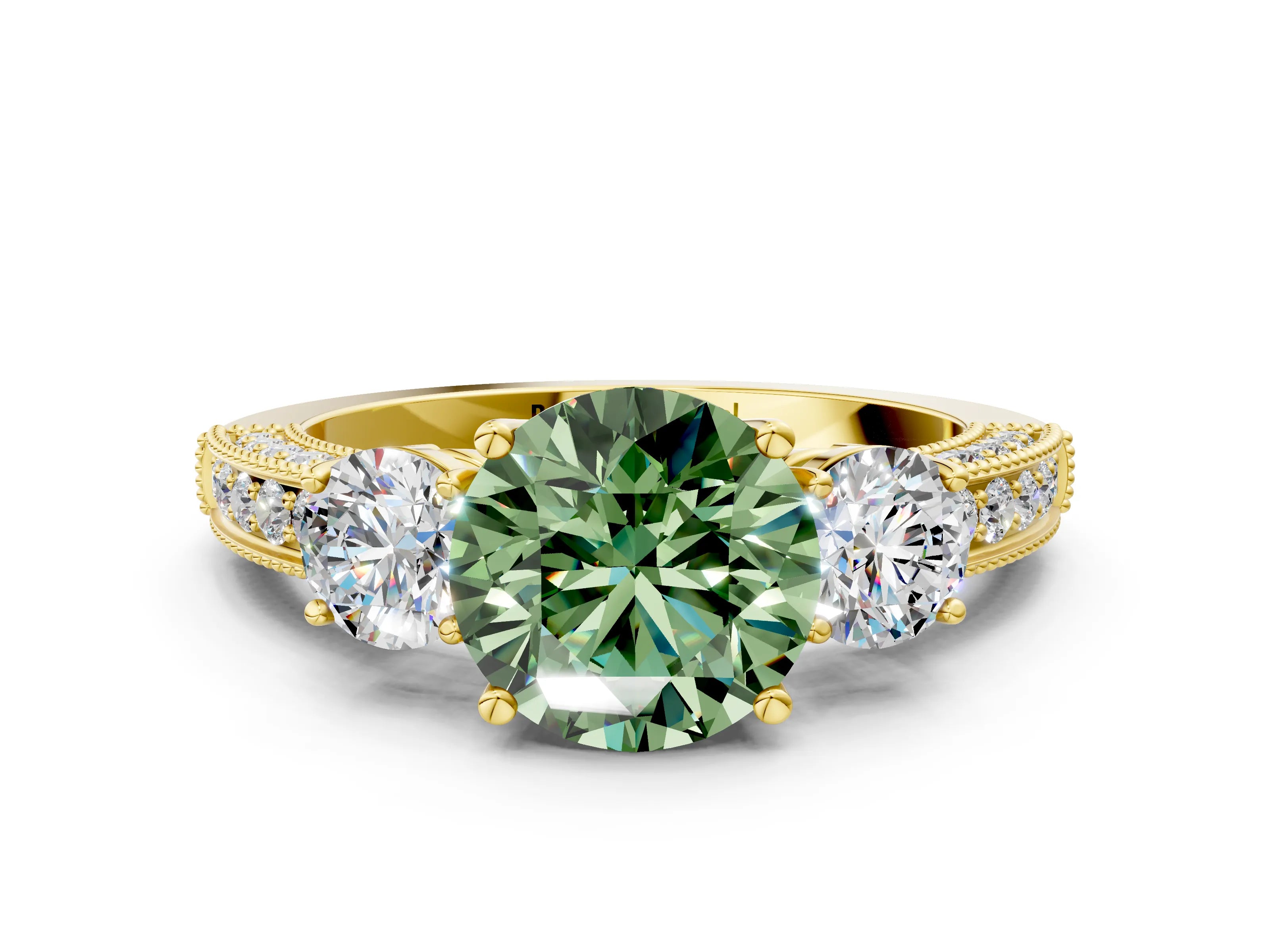 Yellow gold Fancy Green Round Cut Three-Stone Diamond Ring with Pavé Band and Four-Prong Setting