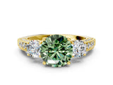 Yellow gold Fancy Green Round Cut Three-Stone Diamond Ring with Pavé Band and Four-Prong Setting
