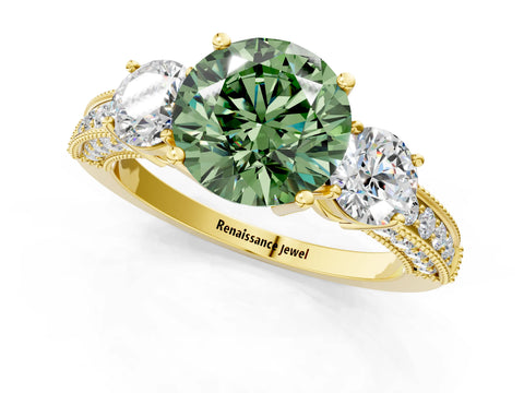 Yellow gold Fancy Green Round Cut Three-Stone Diamond Ring with Pavé Band and Four-Prong Setting_1