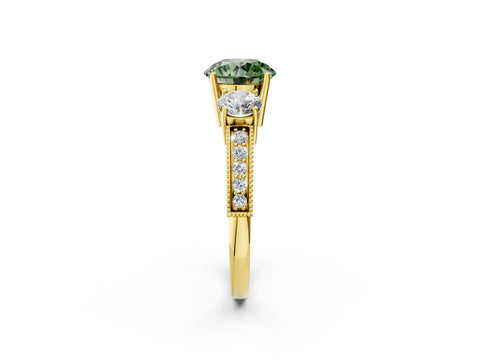 Yellow gold Fancy Green Round Cut Three-Stone Diamond Ring with Pavé Band and Four-Prong Setting_2