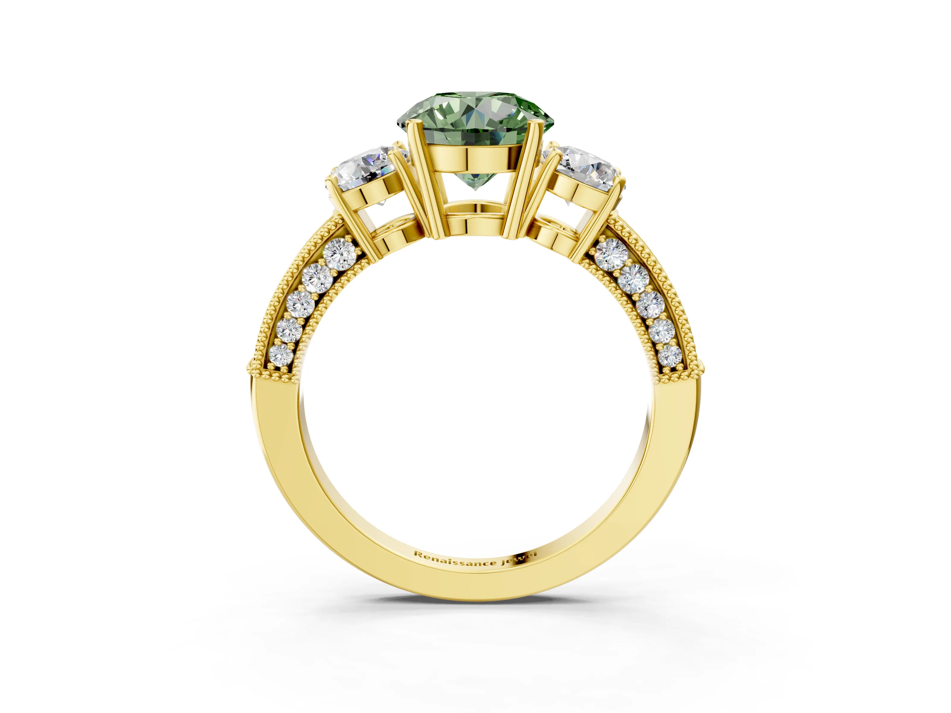 Yellow gold Fancy Green Round Cut Three-Stone Diamond Ring with Pavé Band and Four-Prong Setting_3