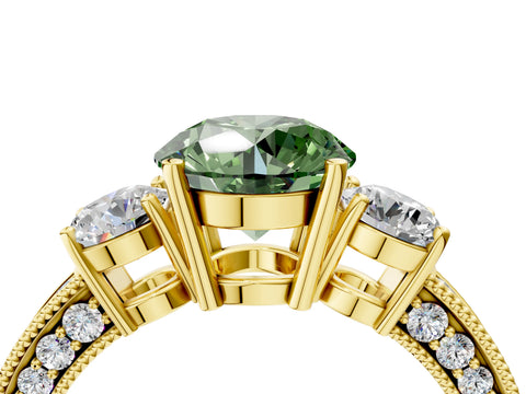 Yellow gold Fancy Green Round Cut Three-Stone Diamond Ring with Pavé Band and Four-Prong Setting_4