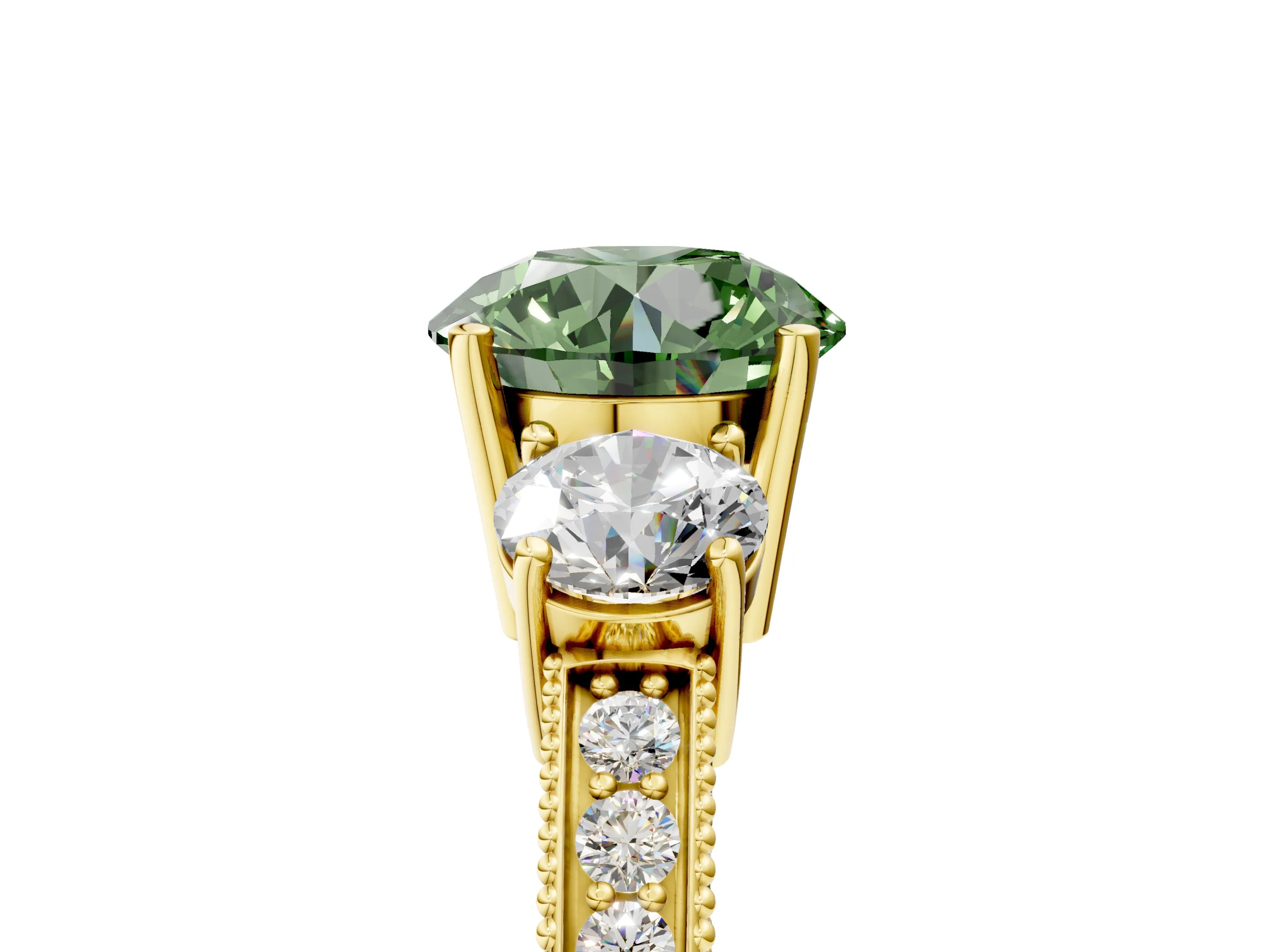 Yellow gold Fancy Green Round Cut Three-Stone Diamond Ring with Pavé Band and Four-Prong Setting_5