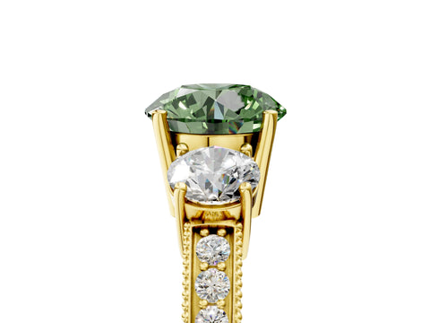 Yellow gold Fancy Green Round Cut Three-Stone Diamond Ring with Pavé Band and Four-Prong Setting_5