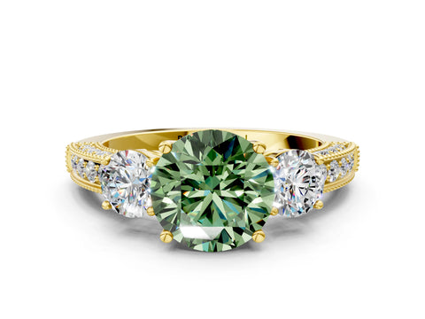 Yellow gold Fancy Green Round Cut Three-Stone Diamond Ring with Pavé Band and Four-Prong Setting