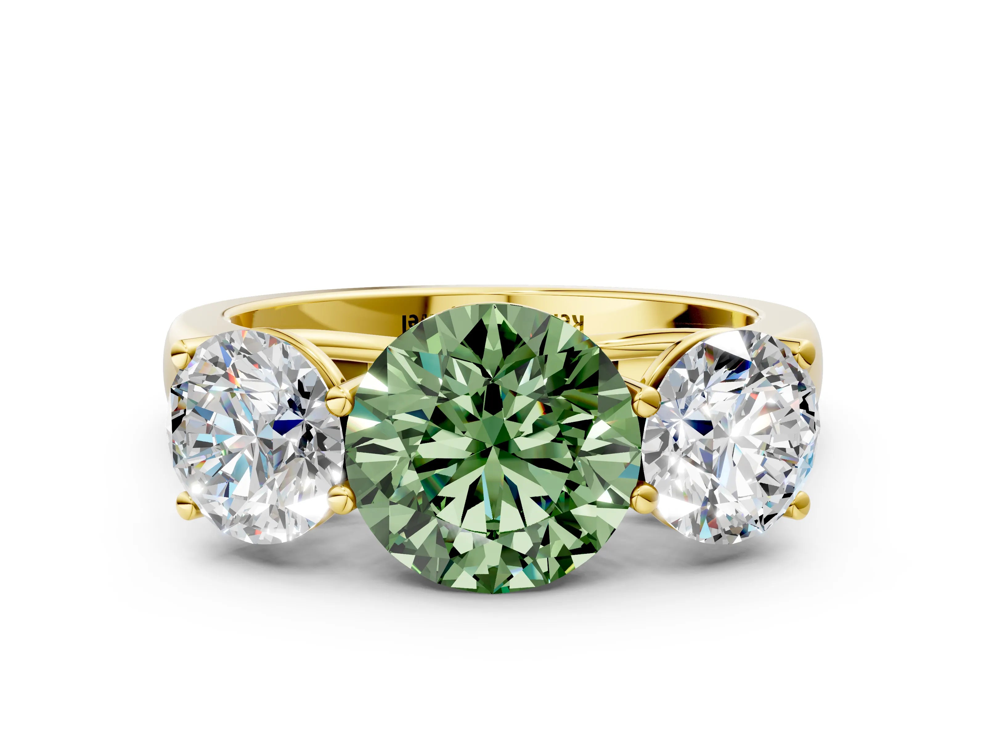 Yellow gold Fancy Green Round Cut Three-Stone Diamond Ring with Prong Setting on a Classic Band