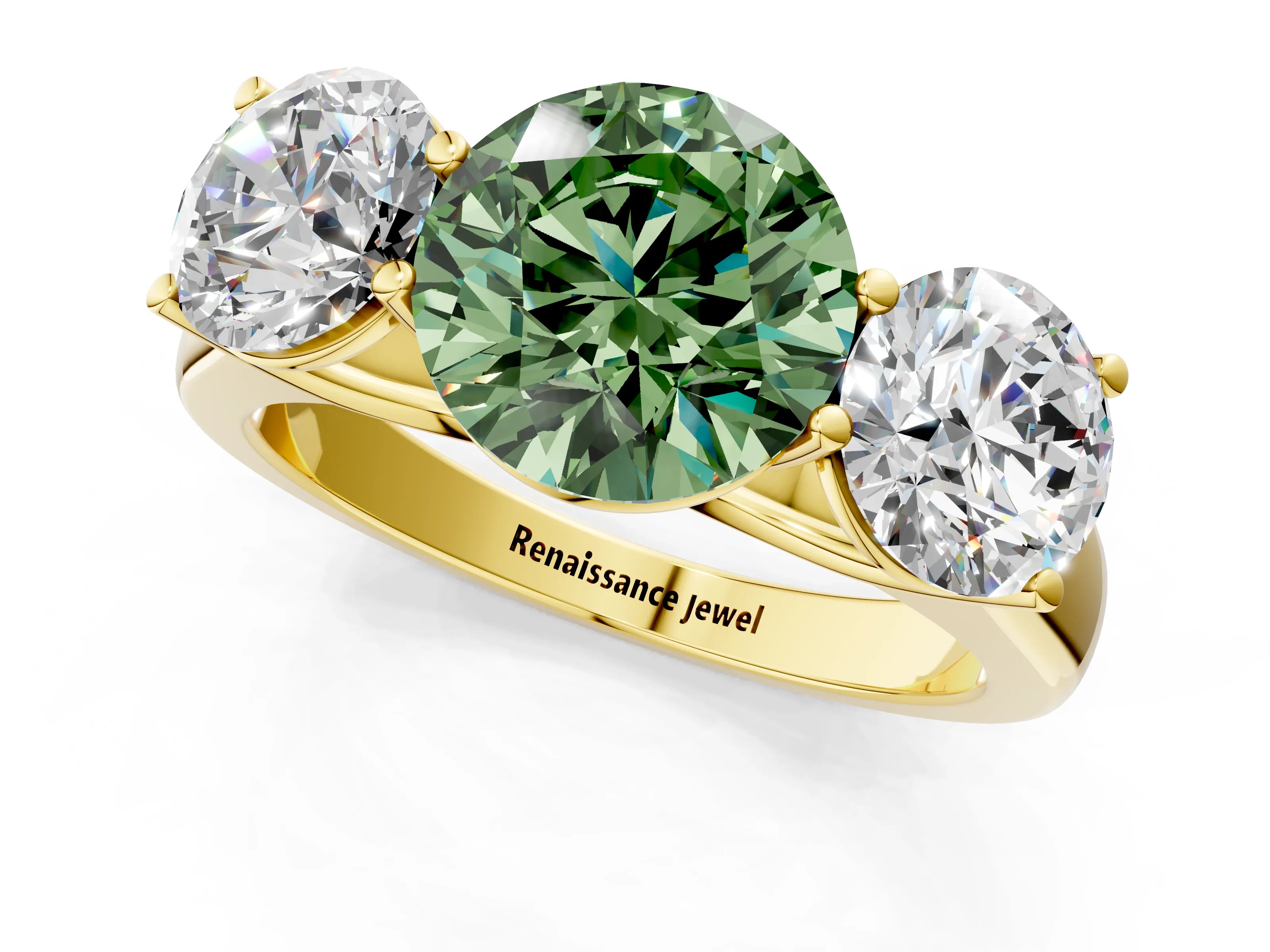 Yellow gold Fancy Green Round Cut Three-Stone Diamond Ring with Prong Setting on a Classic Band_1
