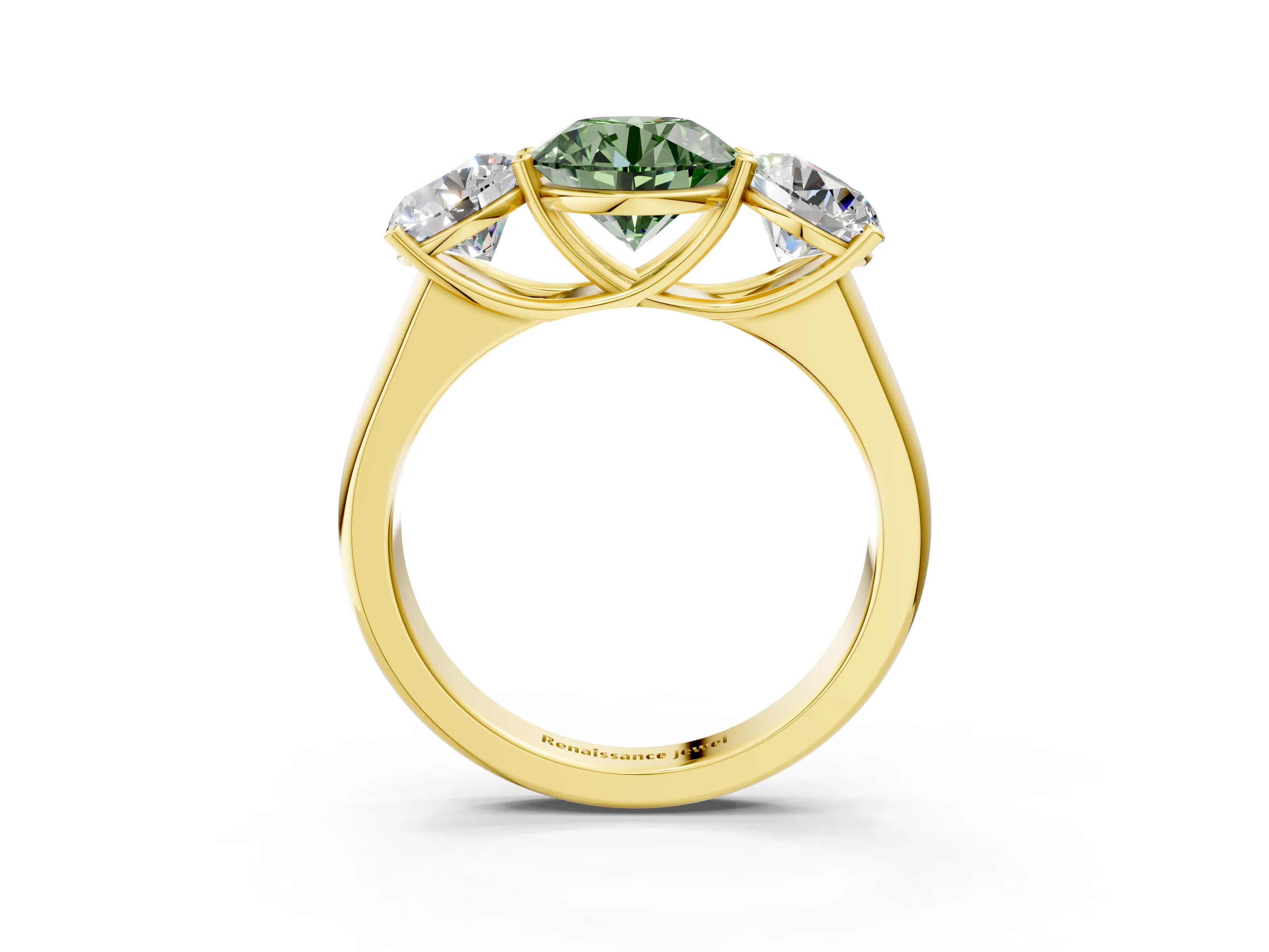 Yellow gold Fancy Green Round Cut Three-Stone Diamond Ring with Prong Setting on a Classic Band_3