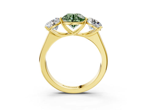 Yellow gold Fancy Green Round Cut Three-Stone Diamond Ring with Prong Setting on a Classic Band_3