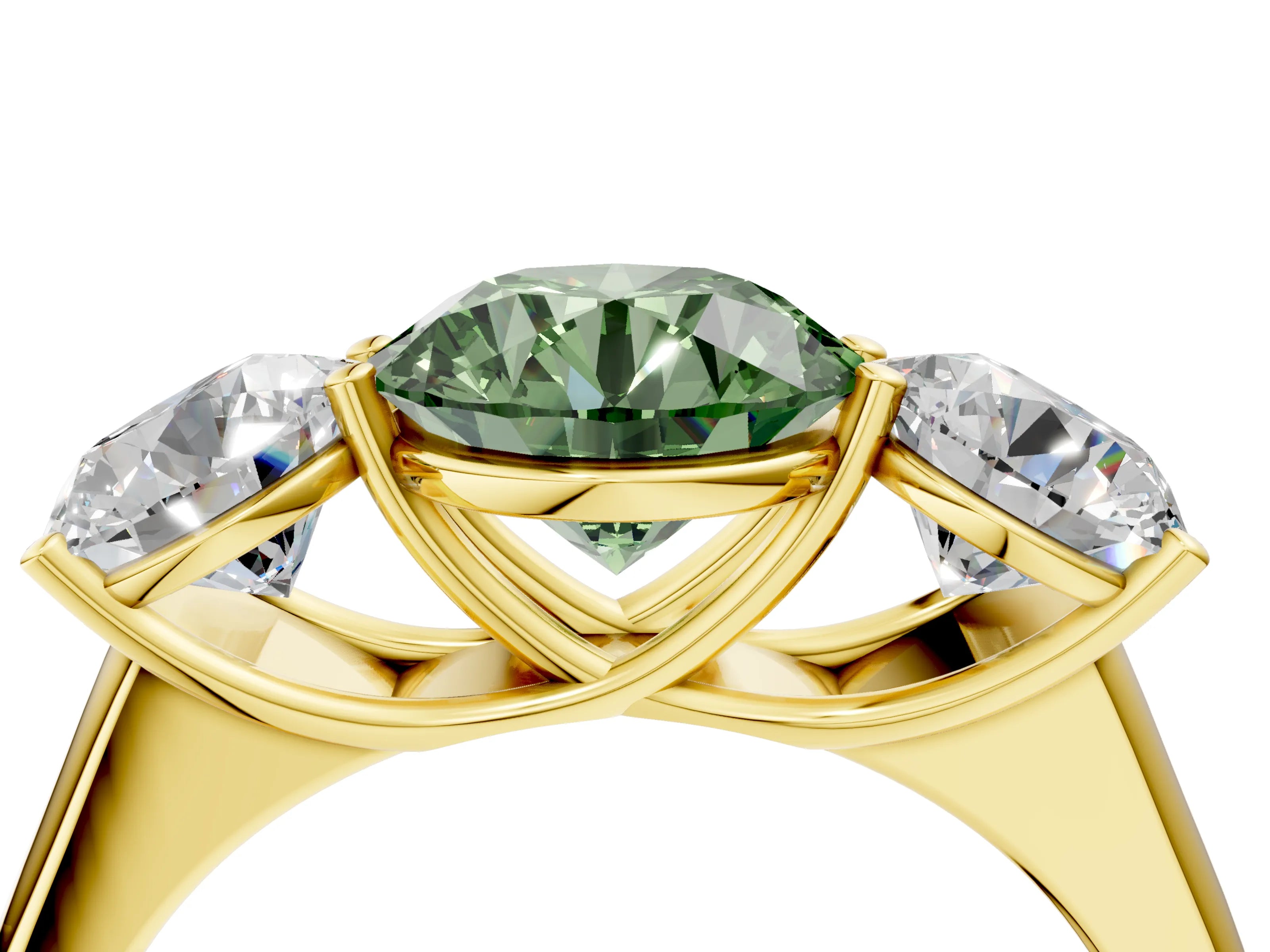 Yellow gold Fancy Green Round Cut Three-Stone Diamond Ring with Prong Setting on a Classic Band_4