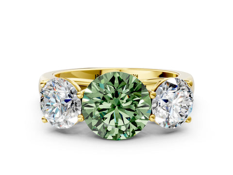 Yellow gold Fancy Green Round Cut Three-Stone Diamond Ring with Prong Setting on a Classic Band