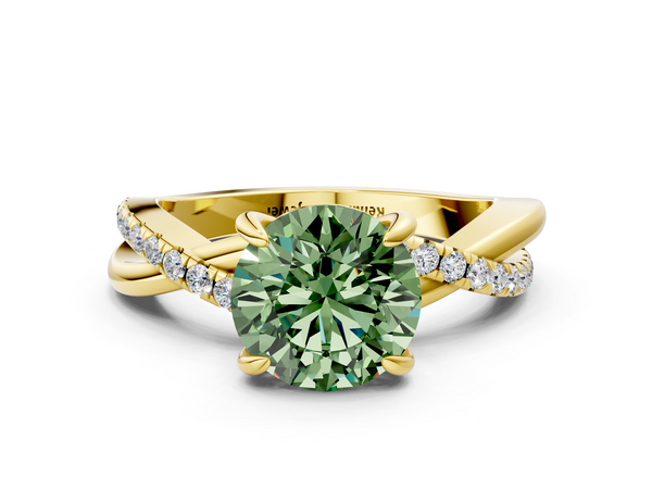 Yellow gold Fancy Green Round  Cut Twist Band Solitaire Diamond Ring with Pavé Setting