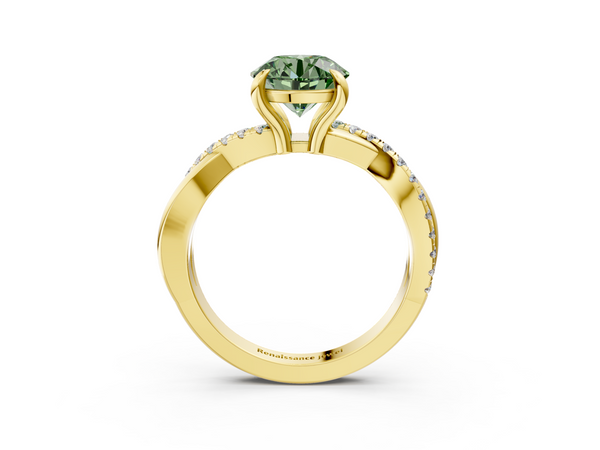 Yellow gold Fancy Green Round  Cut Twist Band Solitaire Diamond Ring with Pavé Setting