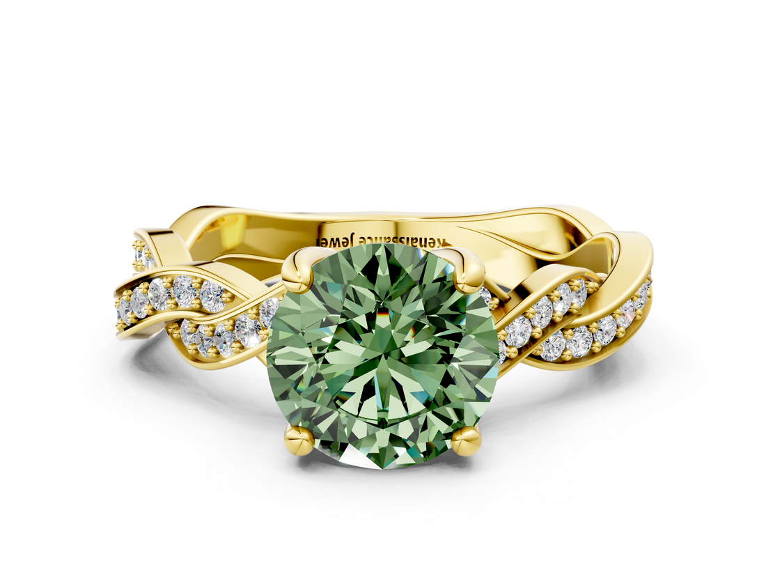 Yellow gold Fancy Green Round  Cut Twisted Pavé Band Solitaire Ring with Four-Prong Setting_71