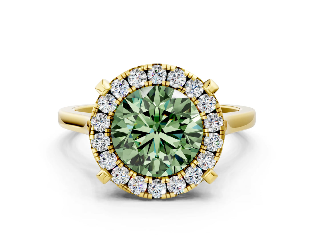 Yellow gold Fancy Green Round  Diamond Cluster Halo Solitaire with Four-Prong Setting_95