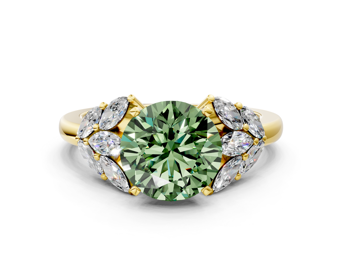 Yellow gold Fancy Green Round  Diamond Cluster Leaf Design Ring with Prong Setting_54