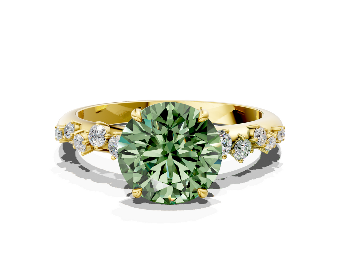 Yellow gold Fancy Green Round  Diamond Cluster Prong-Set Solitaire Ring_43