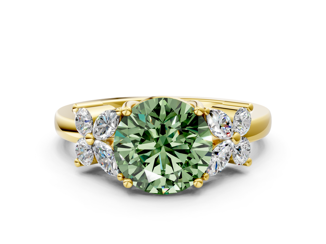 Yellow gold Fancy Green Round  Diamond Floral Cluster Ring with Solitaire Band and Prong Setting_30