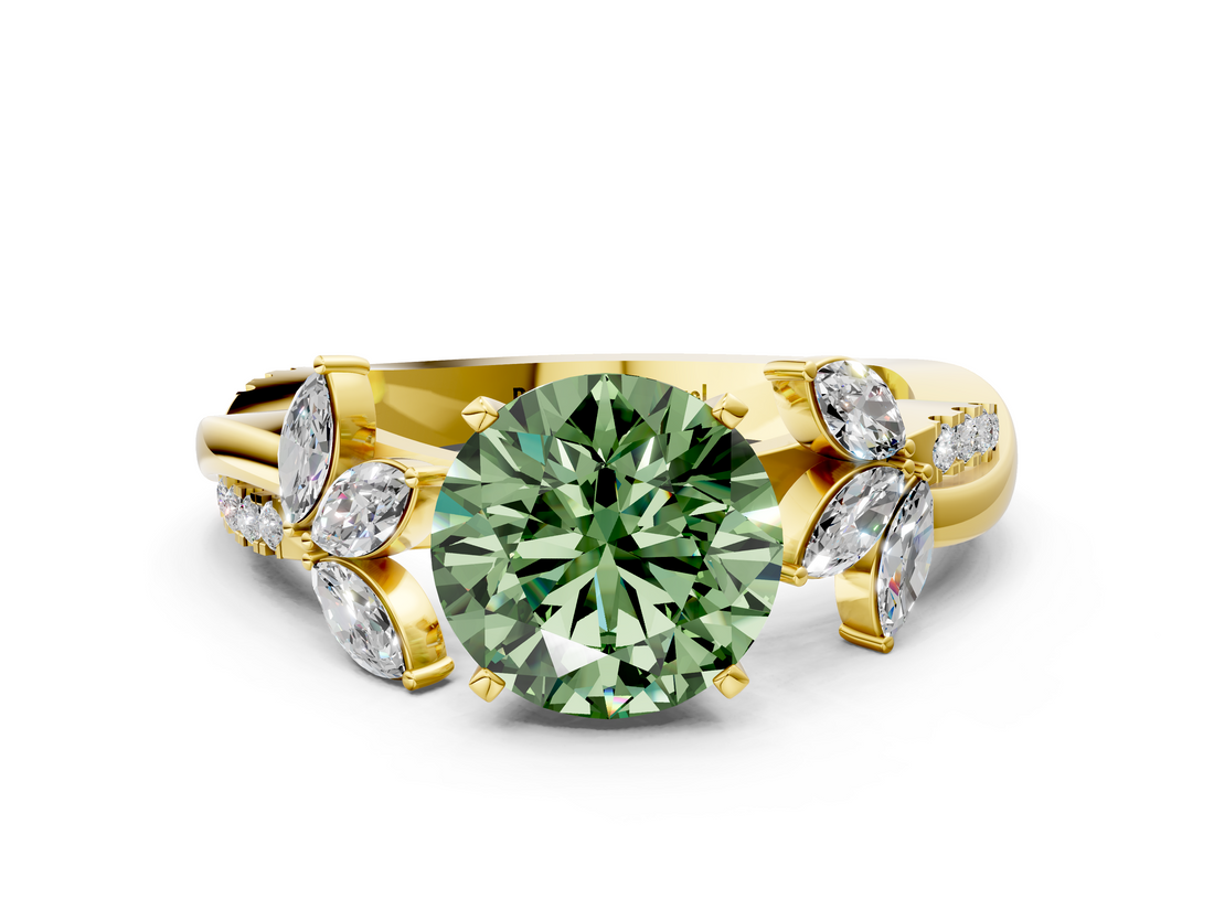 Yellow gold Fancy Green Round  Diamond Floral Vine Solitaire Engagement Ring_3