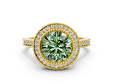 Yellow gold Fancy Green Round  Diamond Halo Ring with Milgrain Frame and Pavé Band_59