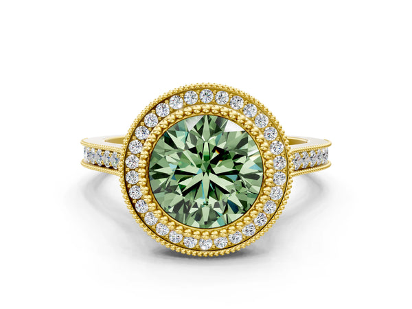 Yellow gold Fancy Green Round  Diamond Halo Ring with Milgrain Frame and Pavé Band