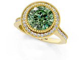 Yellow gold Fancy Green Round  Diamond Halo Ring with Milgrain Frame and Pavé Band_60