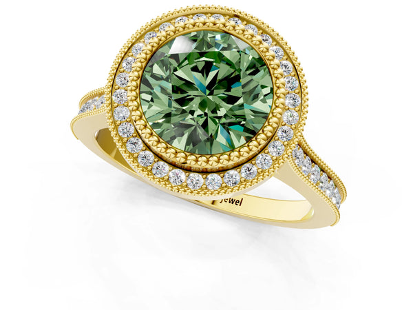 Yellow gold Fancy Green Round  Diamond Halo Ring with Milgrain Frame and Pavé Band