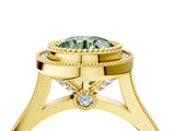 Yellow gold Fancy Green Round  Diamond Halo Ring with Milgrain Frame and Pavé Band_63