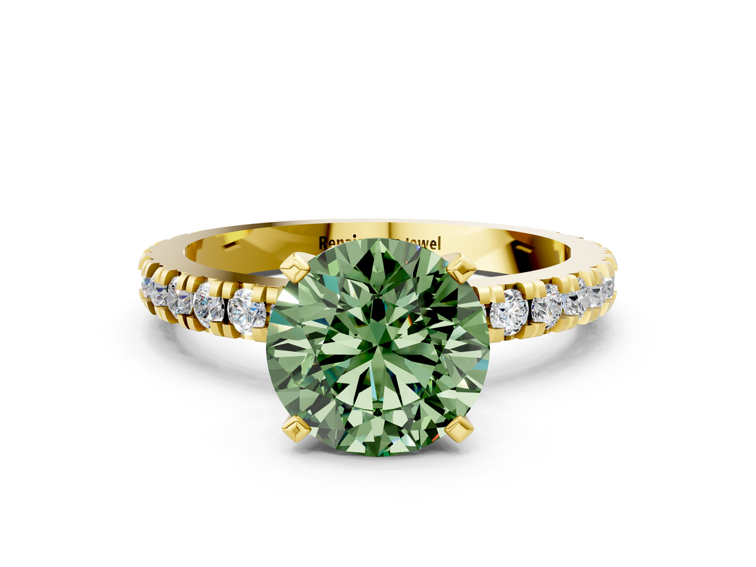 Yellow gold Fancy Green Round  Diamond Pavé Band Solitaire with Four-Prong Setting_201