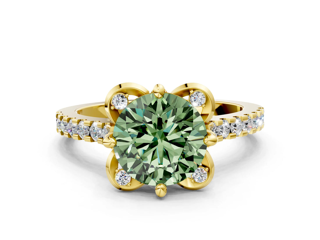 Yellow gold Fancy Green Round  Diamond Pave Band with Floral Prong Setting_27