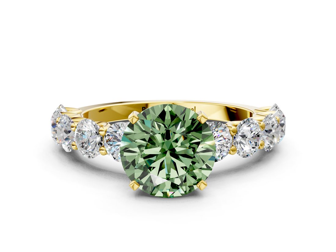 Yellow gold Fancy Green Round  Diamond Prong Setting with Side Stones on a Pave Band_137