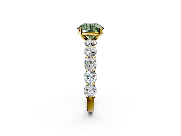 Yellow gold Fancy Green Round Cut Diamond Prong Setting with Side Stones on a Pave Band