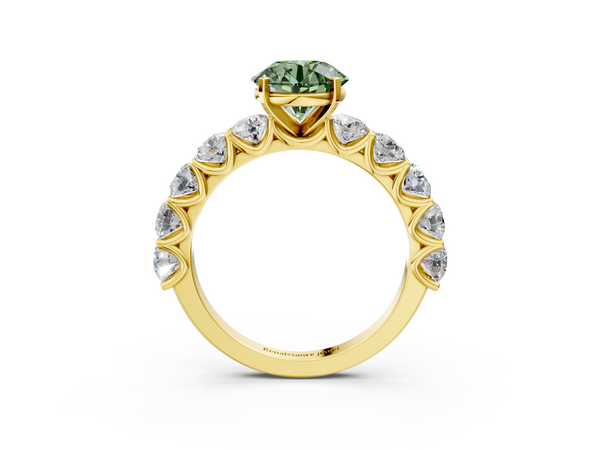 Yellow gold Fancy Green Round Cut Diamond Prong Setting with Side Stones on a Pave Band