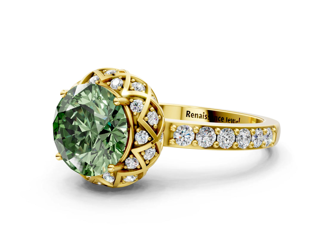 Yellow gold Fancy Green Round  Diamond Solitaire Ring with Shared Prong Pavé Band_211