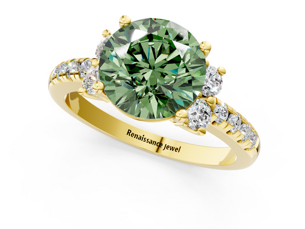 Yellow gold Fancy Green Round  Diamond Three-Stone Pave Band with Four-Prong Setting
