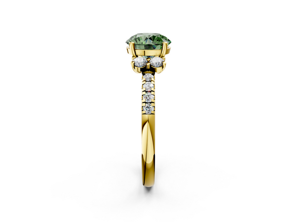 Yellow gold Fancy Green Round  Diamond Three-Stone Pave Band with Four-Prong Setting