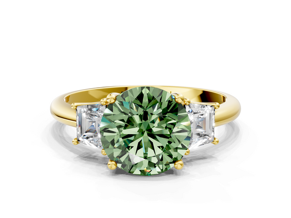 Yellow gold Fancy Green Round  Diamond Three-Stone Ring with Trapezoid Side Stones and Prong Setting