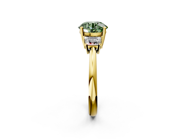 Yellow gold Fancy Green Round  Diamond Three-Stone Ring with Trapezoid Side Stones and Prong Setting