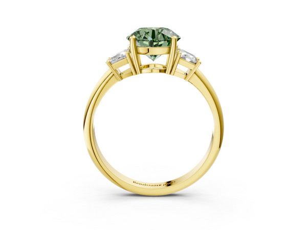 Yellow gold Fancy Green Round  Diamond Three-Stone Ring with Trapezoid Side Stones and Prong Setting