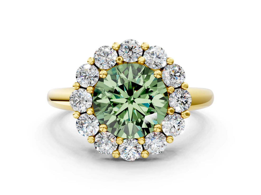 Yellow gold Fancy Green Round  Halo Cluster Diamond Engagement Ring with Prong Setting and Polished Band_20