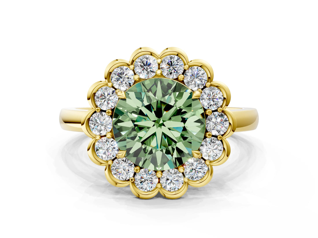 Yellow gold Fancy Green Round  Halo Cluster Diamond Engagement Ring with Solitaire Band and Prong Setting_50