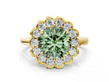 Yellow gold Fancy Green Round  Halo Cluster Diamond Engagement Ring with Solitaire Band and Prong Setting_50