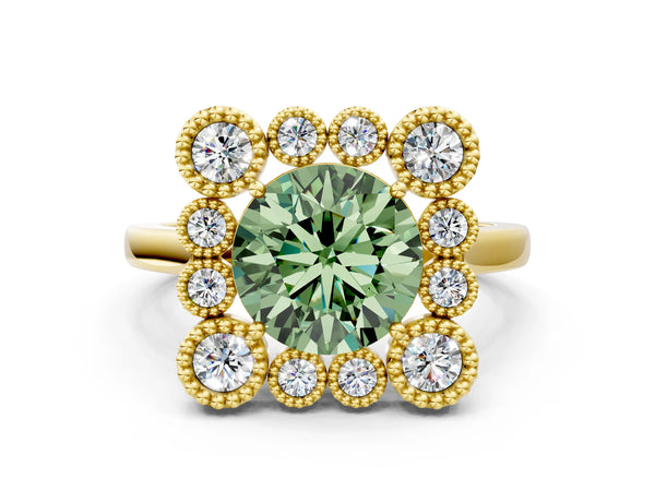 Yellow gold Fancy Green Round  Halo Diamond Cluster Engagement Ring with Milgrain Bezel Setting and Solitaire Band