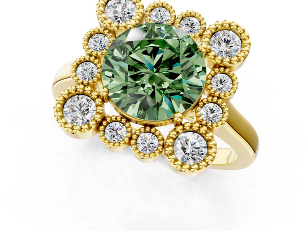 Yellow gold Fancy Green Round  Halo Diamond Cluster Engagement Ring with Milgrain Bezel Setting and Solitaire Band