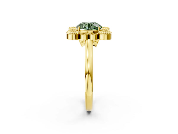 Yellow gold Fancy Green Round  Halo Diamond Cluster Engagement Ring with Milgrain Bezel Setting and Solitaire Band