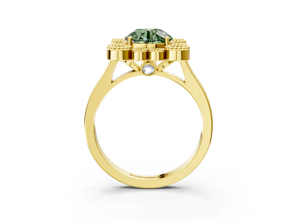 Yellow gold Fancy Green Round  Halo Diamond Cluster Engagement Ring with Milgrain Bezel Setting and Solitaire Band